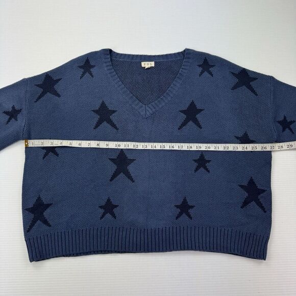 POL Blue Knit Sweater Women’s Medium Star Print Oversized V-Neck Long Sleeve - Picture 5 of 7